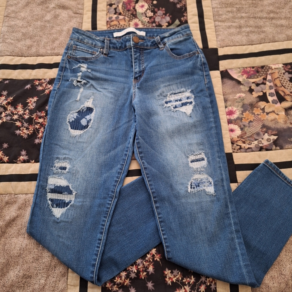 Midrise Deconstructed Straight Leg Jeans Medium Wash Blue Size 9